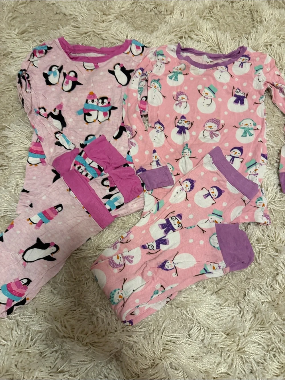 Little Sleepies Pink Snowman & Penguin Pajama Set with Purple Trim
